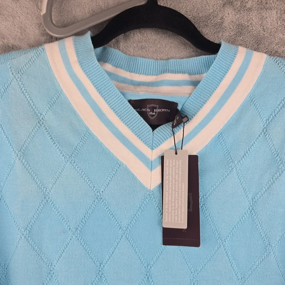 Black Brown 1826 Varsity Sweater Mens Size Large Blue Golf Light V-Neck Pullover